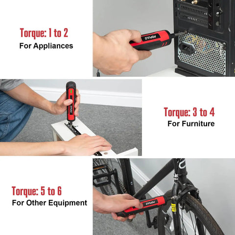 4V Cordless Electric Screwdriver Kit With LED Work Light demonstrating torque settings on various equipment