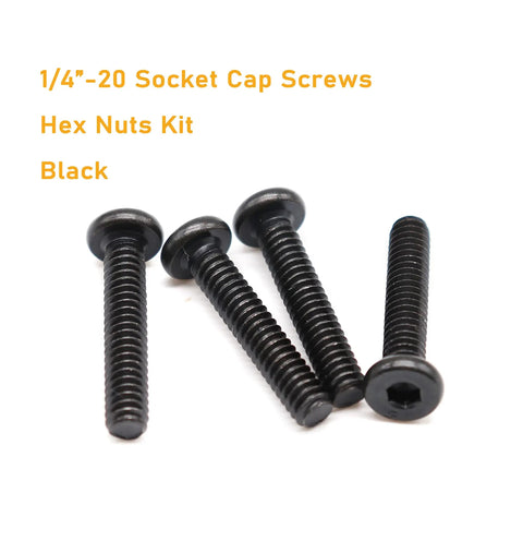Grab This Handy Black 1/4-20 Hex Socket Cap Screw And Nut Kit For Furniture Repairs, Includes 50 Screws, 30 Nuts, Allen Key, Great For Beds Tables Chairs Cribs, With 3/8, 5/8, 1, 1-1/4, 2 Inch Lengths. Close-up of black socket screws.