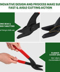 Top Shelf 12 Inch Banding Cutter For Steel And Plastic Strapping With Ergonomic Rubber Grip shown in use with bionic beak design.