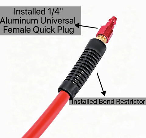 Installed aluminum quick plug and bend restrictor on 3/8 Inch By 100 Ft Heavy Duty Hybrid Air Compressor Hose.