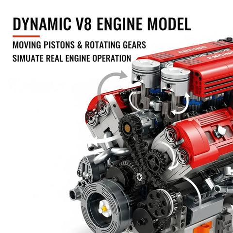 V8 Engine Working Model Kit For Adults With Transparent Cylinder Head And Realistic Piston Motion Gears And Timing Chain In Full Action Experience For Gearheads, red model engine