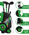 Toddler Golf Club Set For Little Legends Ages One To Four Featuring Retractable Mini Drivers Safe Chunky Plastic Balls Plus Portable Carry Bag with retractable handle and wheels.