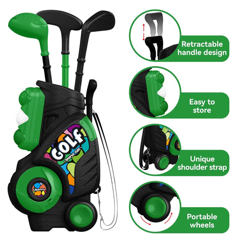Toddler Golf Club Set For Little Legends Ages One To Four Featuring Retractable Mini Drivers Safe Chunky Plastic Balls Plus Portable Carry Bag with retractable handle and wheels.