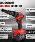 Top Tier Cordless Rivet Gun With Dual 26V Batteries And Fast Charger For Pulling Steel Aluminum Rivets On RV Boats Downspouts And Auto Repairs Automatically Setting Sizes, 2-in-1 head, 26V battery