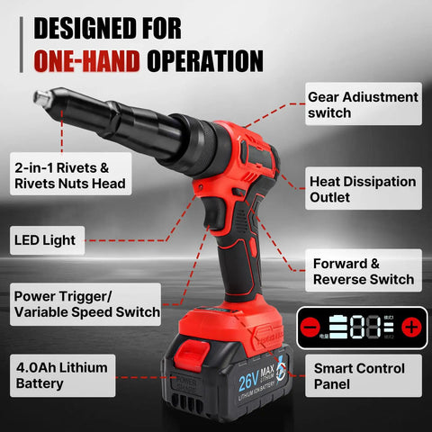 Top Tier Cordless Rivet Gun With Dual 26V Batteries And Fast Charger For Pulling Steel Aluminum Rivets On RV Boats Downspouts And Auto Repairs Automatically Setting Sizes, 2-in-1 head, 26V battery