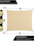 Diagram of Beige 5 By 8 Foot Sun Shade Sail With Straight Edge For Patio And Pergola Outdoor UV Protected HDPE Shade Fabric Rectangle Awning Cloth With Corner D Rings Customizable Size.