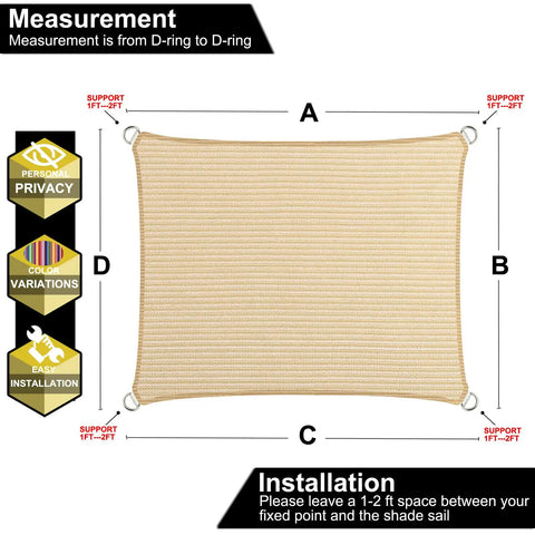 Diagram of Beige 5 By 8 Foot Sun Shade Sail With Straight Edge For Patio And Pergola Outdoor UV Protected HDPE Shade Fabric Rectangle Awning Cloth With Corner D Rings Customizable Size.