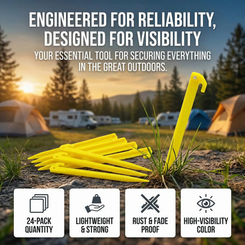 24 Pack 9 Inch Yellow Plastic Tent Pegs Stakes For Camping And Outdoor Use Durable Lightweight PP Stakes in ground