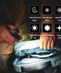 Person using EDC USB C Rechargeable Flashlight With 1000 Lumen Output to illuminate a bag, showing various light modes and durations.