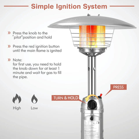 Outdoor Propane Patio Heater 11,000 BTU Portable Tabletop With Weighted Base Stainless Steel showing ignition details