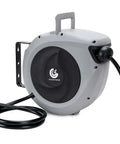 Retractable Air Hose Reel With Three Eighths Inch By 50 Ft Hybrid Polymer Hose Auto Rewind Enclosed Shop Ready Mount Heavy Duty 180 Degree Swivel 300 PSI Pro Grade Commercial Quality Polypropylene Gray shown unmounted with hose.