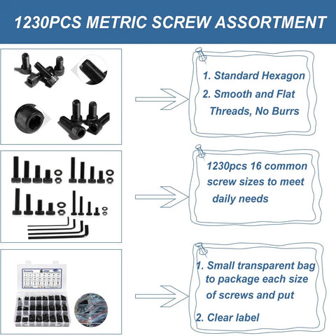 Premium Metric Screw Set 1230Pcs M2 M3 M4 M5 Kit with hex socket head cap bolts, nuts, washers, alloy steel, anti-rust features.