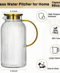 Two Piece Glass Pitcher Set Including Secure Glass Lid And Cushioned Anti Slip Silicone Base For Kitchen Counter Safe Serving Heavy Duty Water Jug Hassle Free Dispensing For Iced Coffee And Fresh Juice, 68oz capacity, featuring a ribbed design and gold-accented handle.