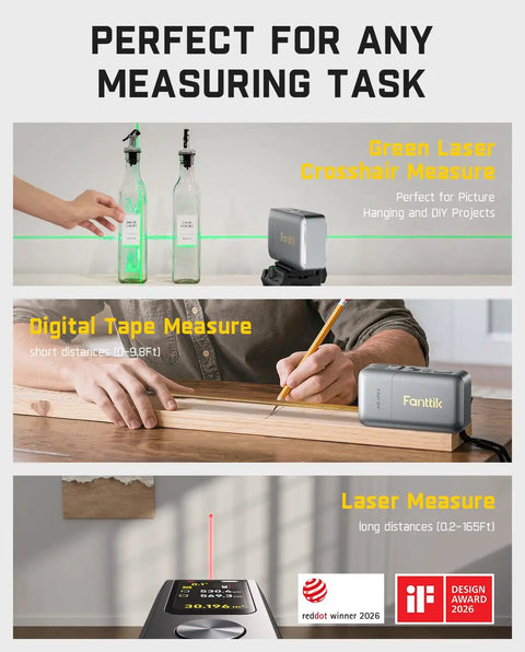 3 In 1 Digital Tape Measure With Laser Distance And Green Cross Line Laser, 165ft Laser Range, 9.8ft Digital Tape With Millimeter Precision, Built For DIY, Construction, And Home Projects showing green crosshair, tape, and laser modes