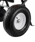 Close-up of all terrain 12.5 inch pneumatic tire on a Walk Behind Broadcast Fertilizer And Seed Spreader With 90 Pound Capacity And 23 Liter Hopper