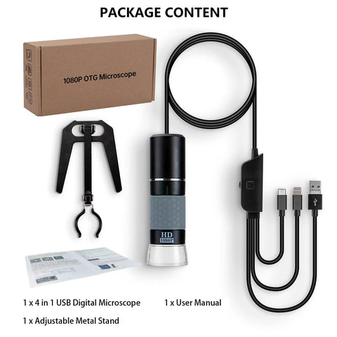 1080P Handheld Digital Microscope With 50X To 1000X Magnification, On The Go Portable USB Microscope With Adjustable Stand, 4 In 1 Cable Connection For iPhone Android Mac Windows PC, Great For Hobbyists And Fieldwork, package contents
