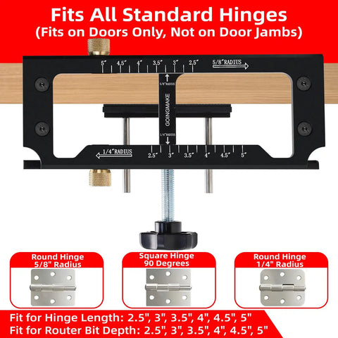 Sturdy Door Hinge Jig And Wood Router Template Kit Featuring A Rock Solid One Hand Clamp for precise 2.5 to 5 inch hinge mortise cutting.
