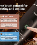 Close-up of On The Go Portable Espresso Maker With Self Heating Battery Power, showing one-touch control for hot and cold brew.