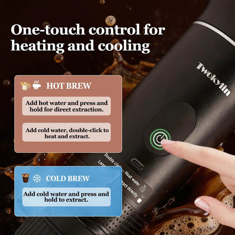 Close-up of On The Go Portable Espresso Maker With Self Heating Battery Power, showing one-touch control for hot and cold brew.