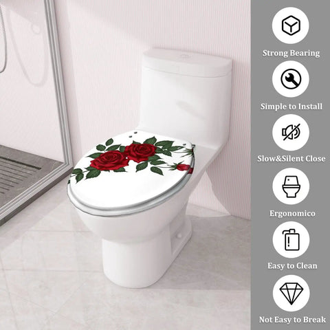 Round Resin Toilet Seat for Bathroom with floral design, fits most toilets, dimensions 14.5" x 16.5", easy to clean.