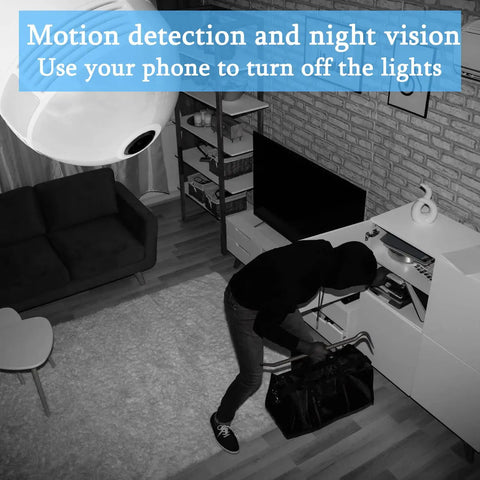 1080P Full HD Light Bulb Camera with 360 degree view, capturing a person entering a room, illustrating motion detection and night vision.