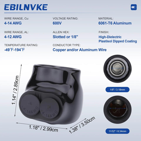 Heavy Duty Five Pack Two Port Insulated Multi Tap Connectors For Hooking Up Copper Or Aluminum Wires Makes Wiring A No Sweat Job With Pre Filled Oxide Inhibitor Keeping All Your Joints Locked Down 4 To 14 Awg Ready showing black aluminum connector with dimensions.
