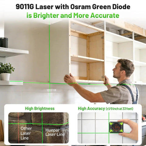 Dope Self Leveling Green Cross Line Laser Level With Tripod, 100Ft Range, Perfect For Picture Hanging, Tile, Decor And DIY Construction, Indoor Use, Battery Powered AA And Picture Hanging Strips Included. Green laser lines on cabinet installation and tile layout