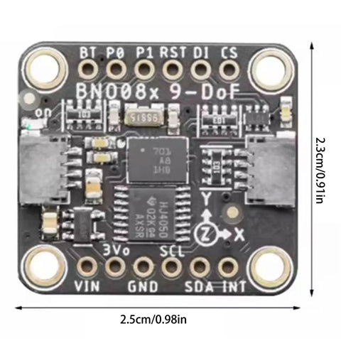 Dope 9 Axis Motion Tracking Module With BNO085 For I2C And UART Interfaces Low Power Mode Ideal For Headsets Gaming Peripherals And IoT Devices Delivers Centimeter Level Motion Sensing For Immersive Experiences. compact black BNO085 IMU board, 2.5cm x 2.3cm