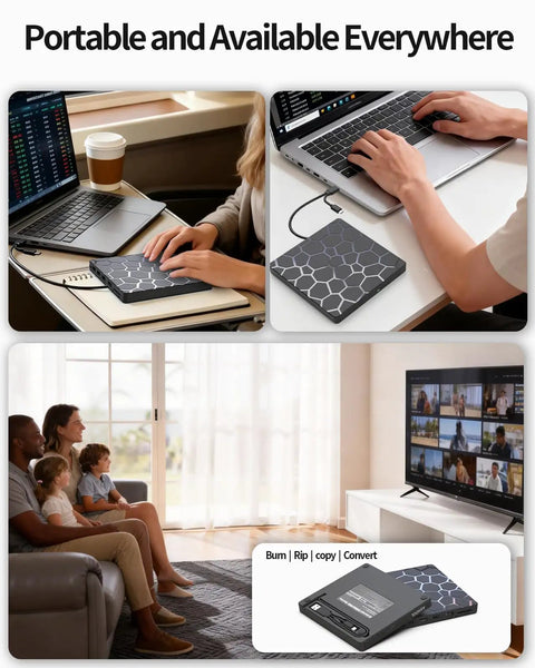 8 In 1 External CD DVD Drive USB 3 And Type C Disc Reader Burner For Laptops And PCs fast transfer, portable slim black design