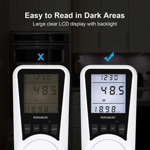 Plug In Energy Meter With Real Time Cost Tracking And Backlit Display For Easy Readouts, Overload Protection, Kilowatt Wattage Voltage Amp Tester displayed in dark area