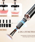 Electric Makeup Brush Cleaner And Dryer Machine For Quick Clean And Dry Makeup Brushes Automatic Cosmetic Brush Spinner Washer Is A Game Changer For Busy Mornings Fast Hands Free Cleaning And Drying shown with accessories and two-in-one function display