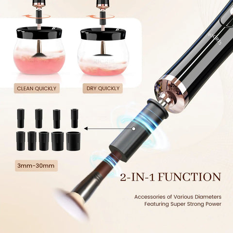 Electric Makeup Brush Cleaner And Dryer Machine For Quick Clean And Dry Makeup Brushes Automatic Cosmetic Brush Spinner Washer Is A Game Changer For Busy Mornings Fast Hands Free Cleaning And Drying shown with accessories and two-in-one function display