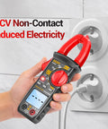 Hand holding All-In-One Digital Clamp Meter Multimeter For AC And DC Current And Voltage NCV Capacitance Resistance Diodes Continuity Frequency Backlit LCD 4000 Counts Handy Pro-Grade Electrician Tool For Quick Troubleshooting by a power outlet