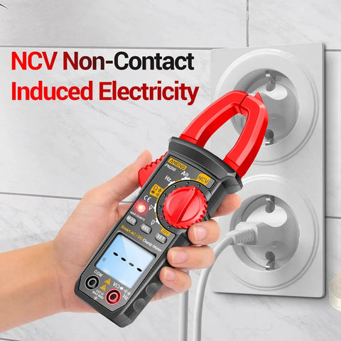 Hand holding All-In-One Digital Clamp Meter Multimeter For AC And DC Current And Voltage NCV Capacitance Resistance Diodes Continuity Frequency Backlit LCD 4000 Counts Handy Pro-Grade Electrician Tool For Quick Troubleshooting by a power outlet
