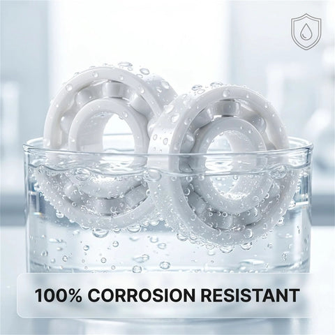 Front view of two white 608 zirconia full-ceramic ball bearings partially submerged in a glass of water