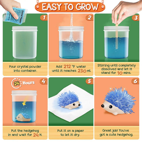 Hedgehog Crystal Growth Kit For Kids 6-12 - See Blue And Orange Crystals Form In 24 Hours, A Fun Hands-On STEM Gift That Feels Like Real Chemistry, Easy Step-By-Step Instructions For Curious Builders. 6-step crystal growth kit with hedgehog in container