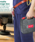 HYCHIKA 19-piece hole saw kit in gray carrying case with red logo, front view of worker holding it