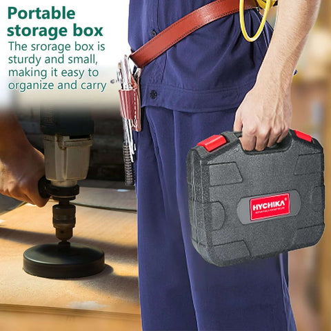 HYCHIKA 19-piece hole saw kit in gray carrying case with red logo, front view of worker holding it