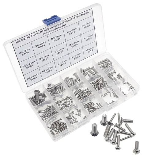 Top Shelf Rock Solid 304 Stainless Steel Phillips Flat Head Machine Screw Assortment Kit With 240 Countersunk Metric Fasteners in divided tray.