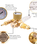 Front view of Argon CO2 MIG welder gas regulator with brass body, gauge, and 6.6 ft hose