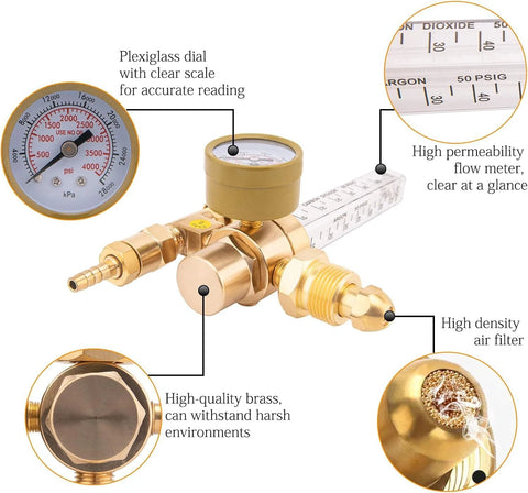 Front view of Argon CO2 MIG welder gas regulator with brass body, gauge, and 6.6 ft hose