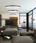Modern living room with Three-Ring Black LED Chandelier For High Ceilings, 79 Inch Adjustable Hanging Light, 6000K Glow