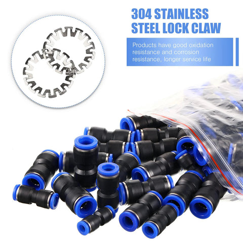 100-piece push-to-connect air hose fittings, black plastic bodies with blue collars.