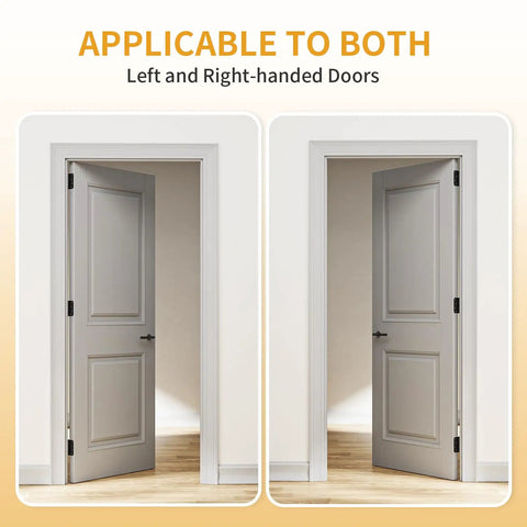Top Shelf 3 Pack Self Closing Door Hinges 4 Inch Black With Heavy Duty Steel Build shown on left and right-handed doors.