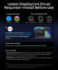 Installation instructions for DisplayLink driver, showing compatibility and setup for Windows and macOS systems.