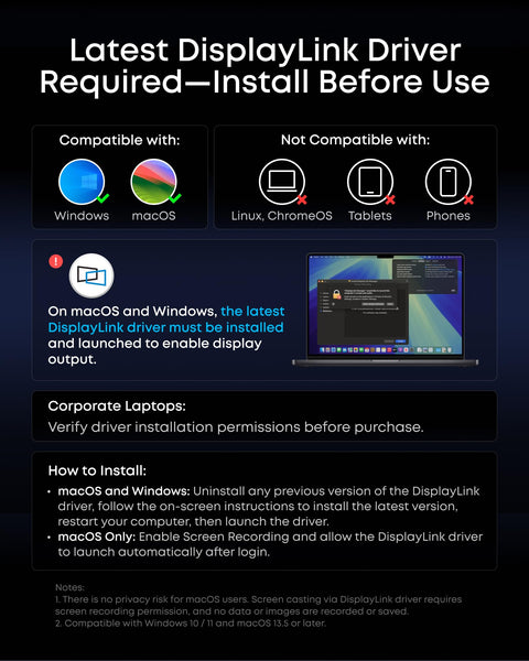 Installation instructions for DisplayLink driver, showing compatibility and setup for Windows and macOS systems.