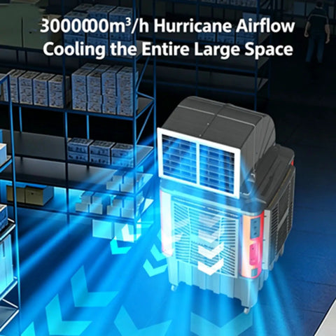 Portable Evaporative Air Cooler With Rolling Wheels And Honeycomb Pads To Keep Your Hangout Crisp All Season Long shows airflow in a large space.
