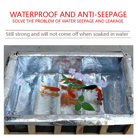 Pro Grade Self Adhesive Flashing Tape Aluminum Foil Waterproof Sealant on a container with water and fish, showcasing anti-seepage properties.