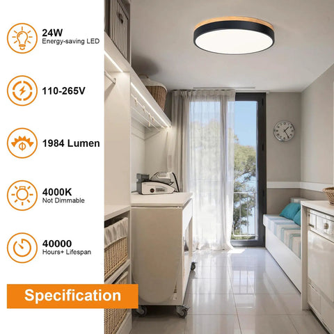 Modern Wood LED Ceiling Light Fixture With Gray Flush Mount Round Ceiling Lamp in laundry room