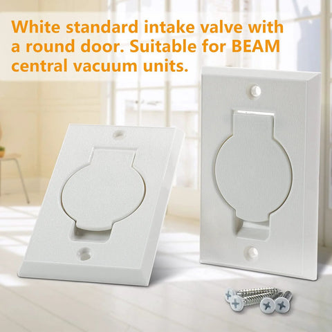 Two white round-door central vacuum inlet valve covers (2-pack) with mounting screws.